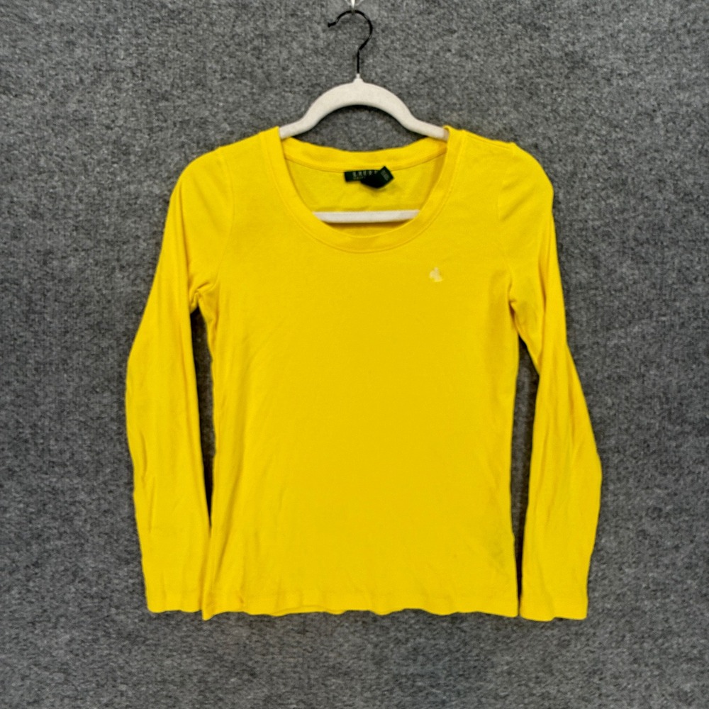 Lauren Ralph Lauren Shirt Women Small Yellow Long Sleeve Logo Baby Tee Y2K